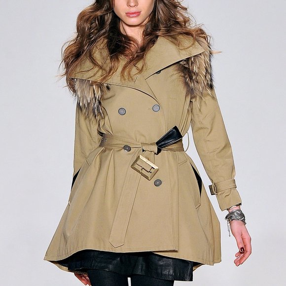 Rebecca Minkoff Runway Jacquelyn Khaki Fox Fur-Trim Trench Coat - Picture 1 of 8